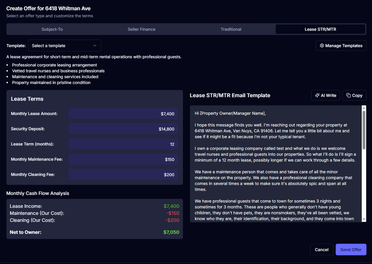 AI Offer Generator showing Lease STR/MTR deal creation with cash flow analysis
